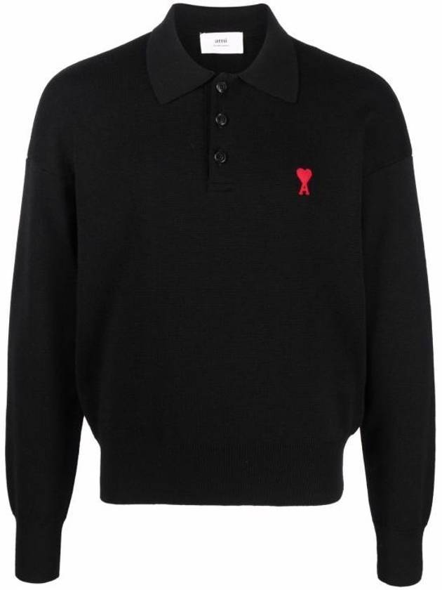 Small Heart Extra Fine Merino Wool PK Shirt Black - AMI - BALAAN.