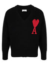 Big Heart Logo V-neck Knit Top Black - AMI - BALAAN.