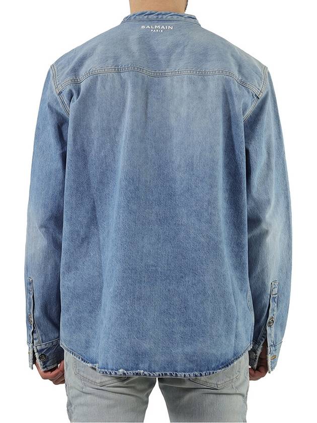 Men's Washed Band Collar Denim Long Sleeve Shirt Blue - BALMAIN - BALAAN 4