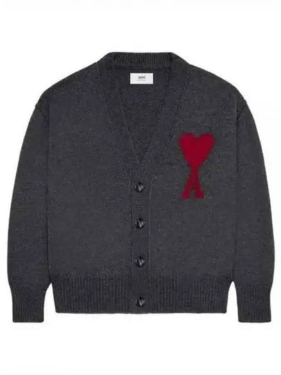 Heart Logo V Neck Wool Cardigan Heather Grey - AMI - BALAAN 2