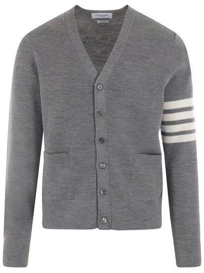 4-Bar Striped Waffle High V-Neck Cardigan Light Grey - THOM BROWNE - BALAAN 2