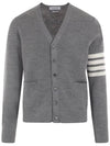 4-Bar Striped Waffle High V-Neck Cardigan Light Grey - THOM BROWNE - BALAAN 3