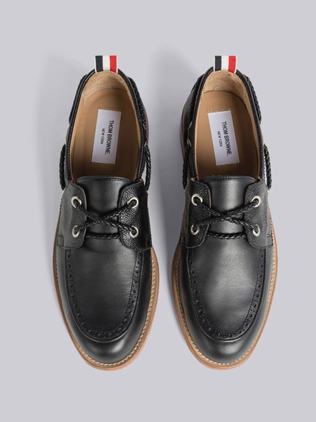 Men's Vitello Calf Leather Boat Shoes Black - THOM BROWNE - BALAAN 4