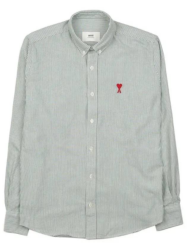 Embroidered Heart Logo Stripe Long Sleeve Shirt Green - AMI - BALAAN 3