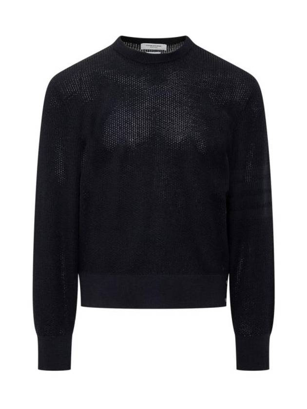 Wool Crepe 4-Bar Relaxed Fit Knit Top Navy - THOM BROWNE - BALAAN 1