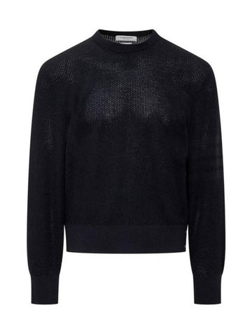 Wool Crepe 4-Bar Relaxed Fit Knit Top Navy - THOM BROWNE - BALAAN 1