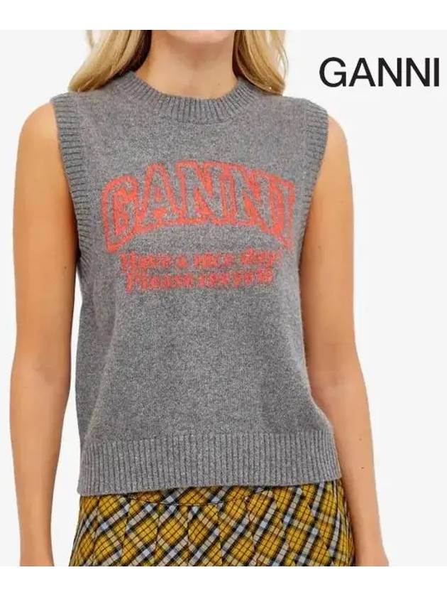 Logo Intarsia Knit Vest Grey - GANNI - BALAAN 3