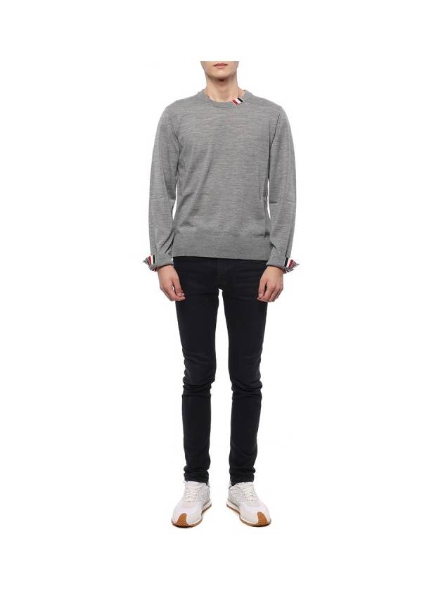 Intarsia Stitch Crew Neck Merino Wool Knit Top Light Grey - THOM BROWNE - BALAAN 4