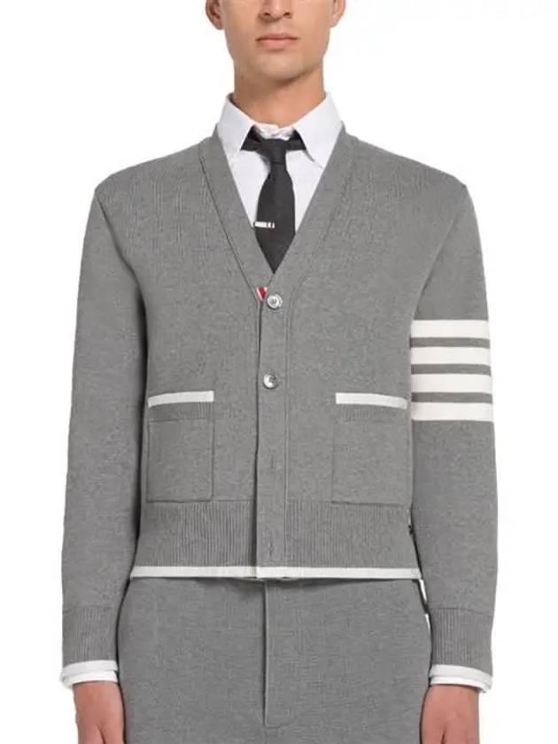 V-Neck Diagonal Armband Cardigan Grey - THOM BROWNE - BALAAN 4