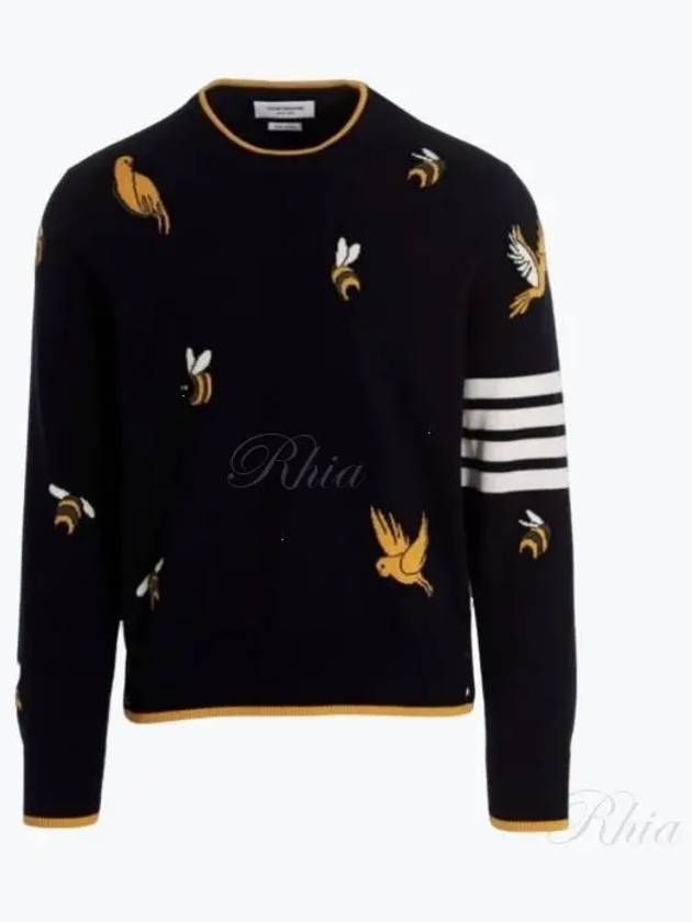 Cotton Merino Birds & Bees Intrasia 4 Bar Crew Neck Pullover Knit Top Navy - THOM BROWNE - BALAAN 2