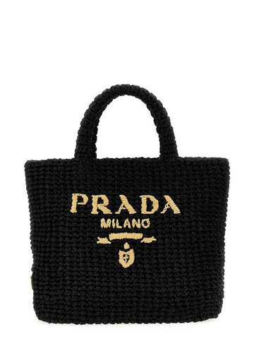 Women's Small Synthetic Raffia Tote Bag Black - PRADA - BALAAN 1