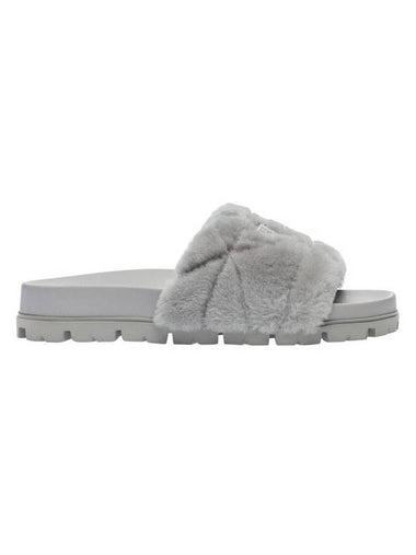 Triangle Logo Shearling Slippers Grey - PRADA - BALAAN 1