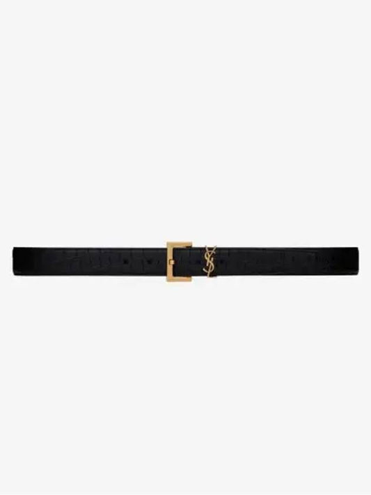 Cassandra Square Crocodile Leather Buckle Belt Black - SAINT LAURENT - BALAAN 2