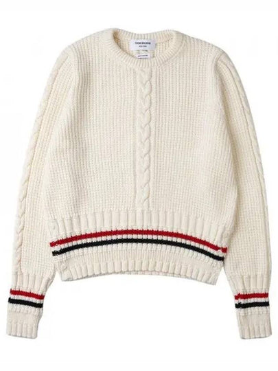 Men's Cable Stitch Merino Striped Wool Knit Top White - THOM BROWNE - BALAAN 2