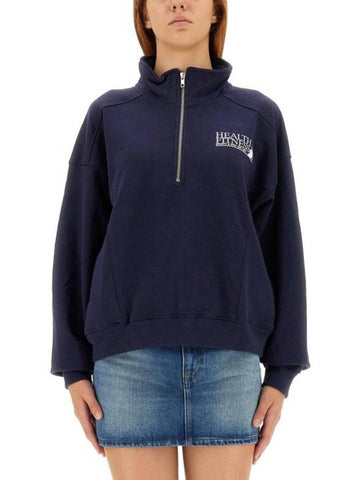 Logo Print Half Zip-up Cotton Sweatshirt Navy - SPORTY & RICH - BALAAN 1