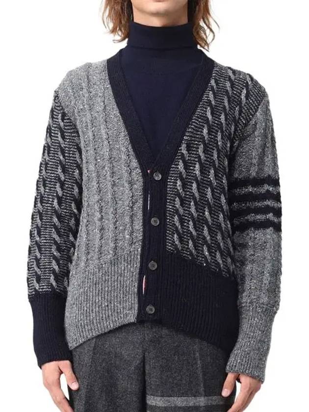 Funmix Donnyroll Cable 4 Bar V-Neck Cardigan Medium Grey - THOM BROWNE - BALAAN 2