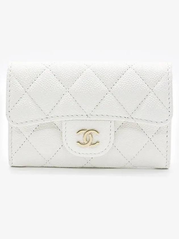 Classic Gold Hardware Logo Grained Shiny Calfskin Card Wallet White - CHANEL - BALAAN 3