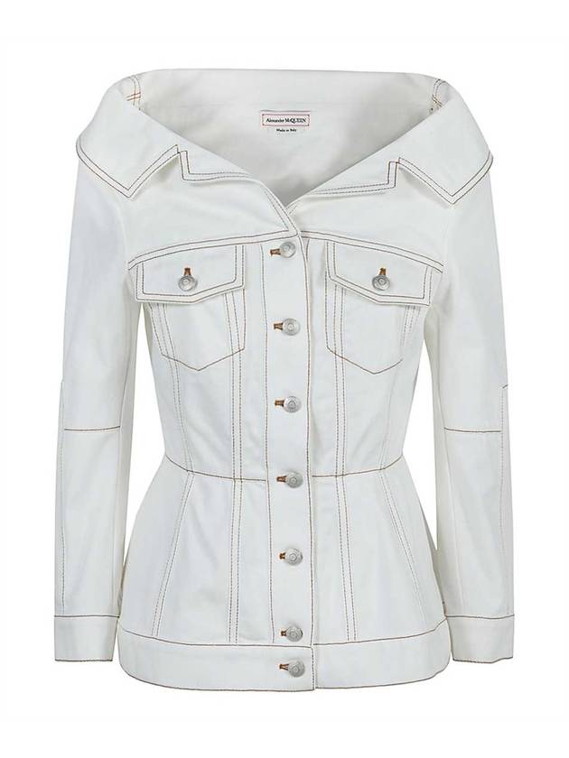 Women's Struct Open Neck Denim Jacket White - ALEXANDER MCQUEEN - BALAAN.