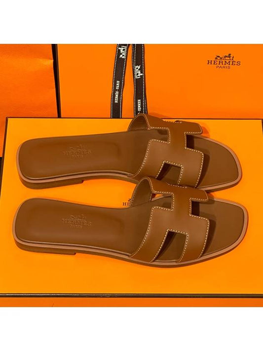 Women's Oran Sandals Calfskin Gold Brown - HERMES - BALAAN 1