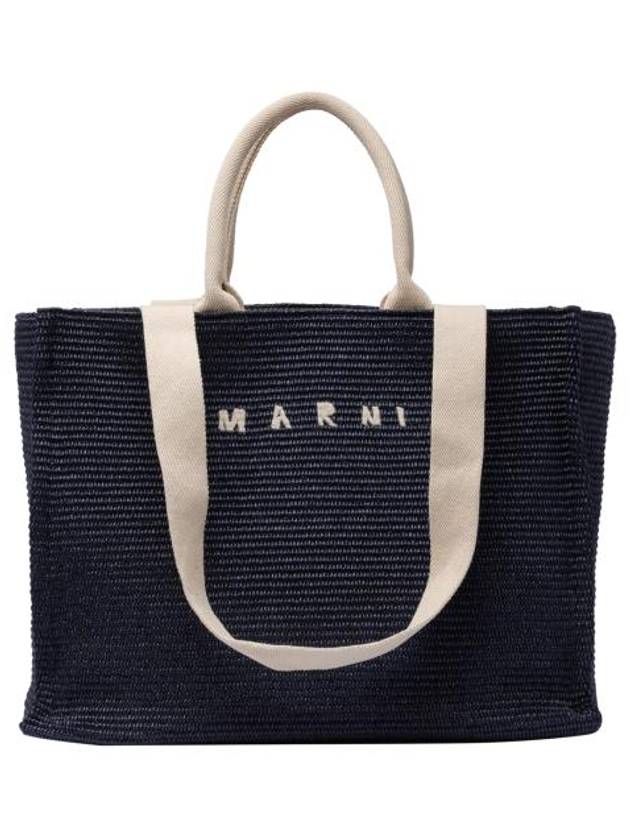 Embroidered Logo Raffia Tote Bag Navy - MARNI - BALAAN 1