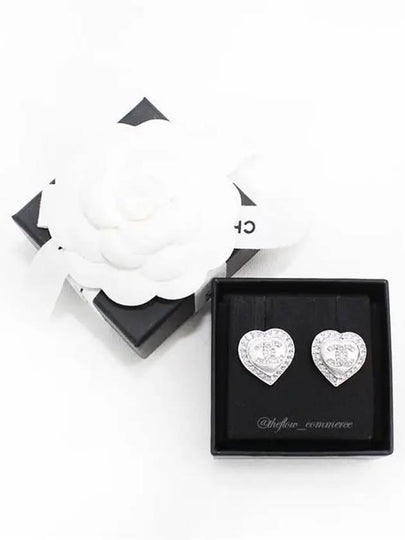 CC Logo Heart Crystal Stud Earrings Silver - CHANEL - BALAAN 2