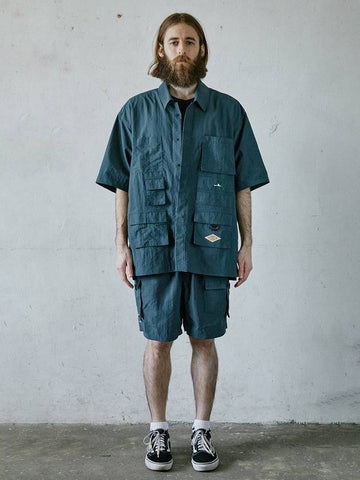 Cargo Pocket Work Oversized Fit Short Sleeve Shirt Blue Green - AKAW - BALAAN 1