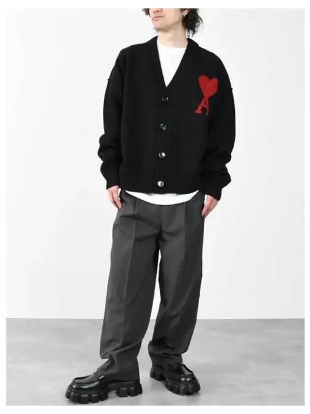 Heart Logo V Neck Wool Cardigan Black - AMI - BALAAN 3