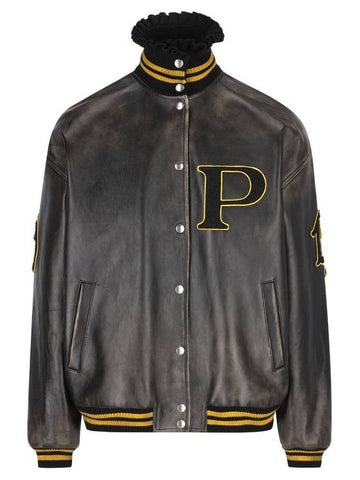 Logo Leather Bomber Jacket Black - PRADA - BALAAN 1