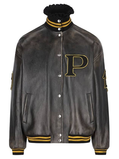 Logo Leather Bomber Jacket Black - PRADA - BALAAN 1