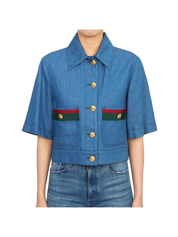 Women's Denim Web Detail Short Sleeve Shirt Blue - GUCCI - BALAAN 1