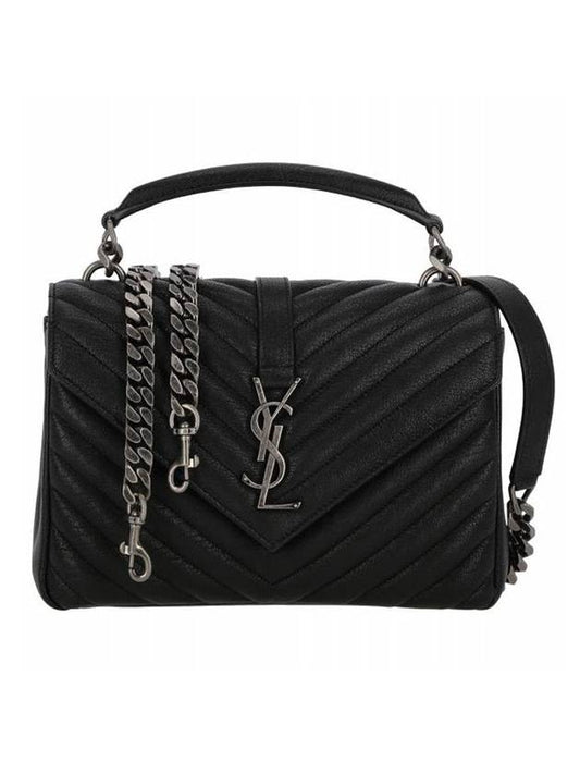 Silver Monogram College Medium Chain Crossbody Bag in Matelasse Leather Black - SAINT LAURENT - BALAAN 1