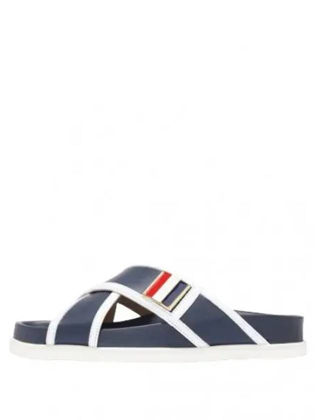 Vitello Calfskin Leather Enamel Buckle Criss Cross Sandal Navy - THOM BROWNE - BALAAN 2