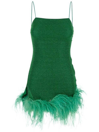 'Lumiere Plumage' Green Sleeveless Slip Dress With Tonal Feathered Hem In Tech Fabric Stretch Woman - OSEREE - BALAAN 1