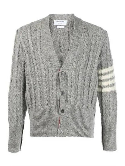 Donegal Twist Cable 4 Bar Classic V Neck Cardigan Light Grey - THOM BROWNE - BALAAN 2