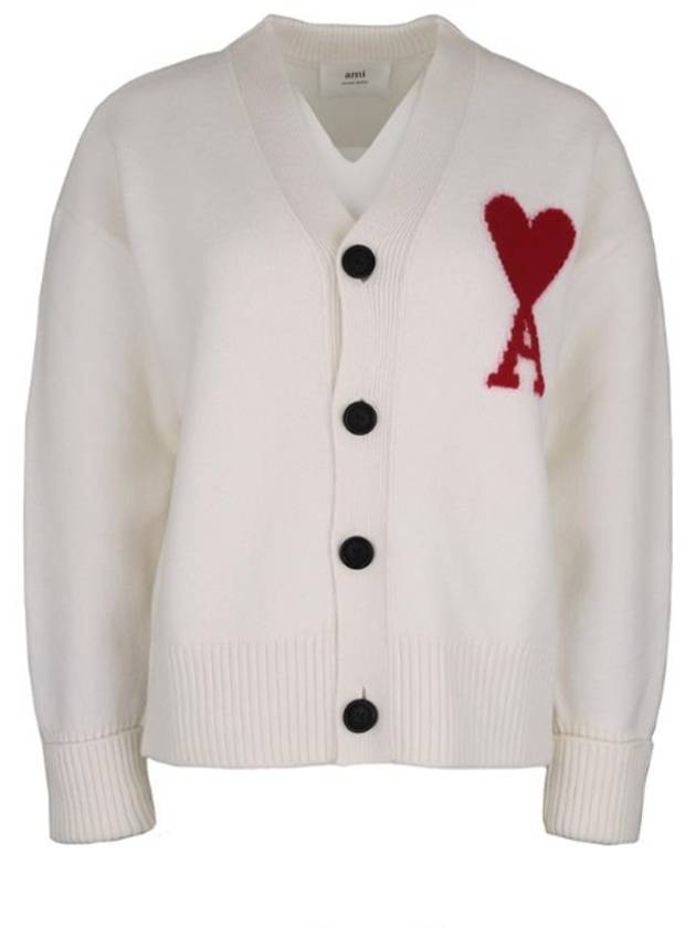 Heart Logo V Neck Wool Cardigan Off White - AMI - BALAAN 2