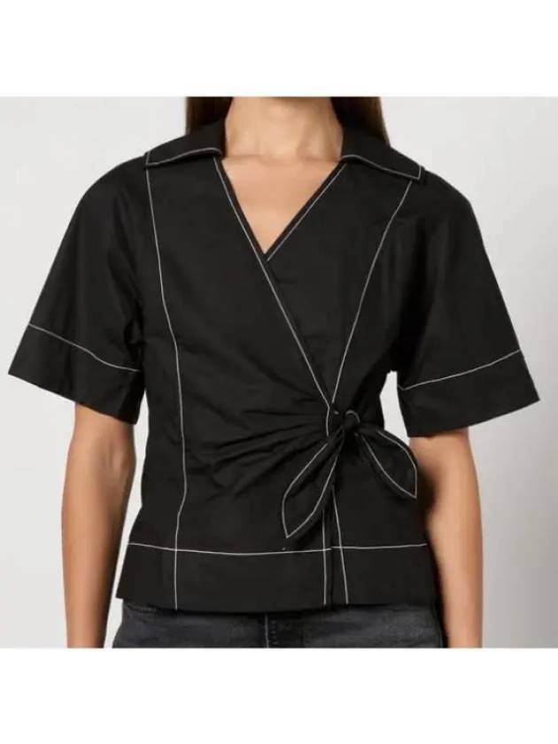 Poplin Wrap Contrast Stitching Cotton Blouse Black - GANNI - BALAAN 2