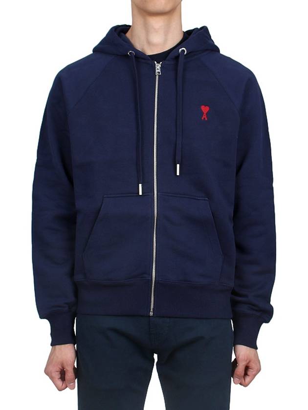 Small Heart Logo Cotton Zip Up Hoodie Night Blue - AMI - BALAAN 2