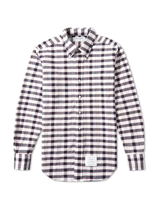 Men's Hidden Three Stripes Oxford Check Long Sleeve Shirt Navy - THOM BROWNE - BALAAN 1