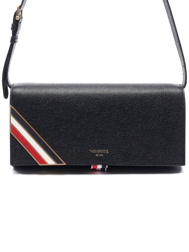 Corner Stripe Pebbled Calfskin Leather Flap Clutch Bag Black - THOM BROWNE - BALAAN 2