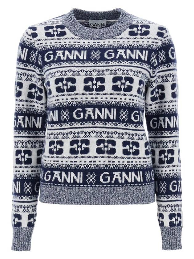 Logo Wool Mix O Neck Knit Top Sky Captain - GANNI - BALAAN 3