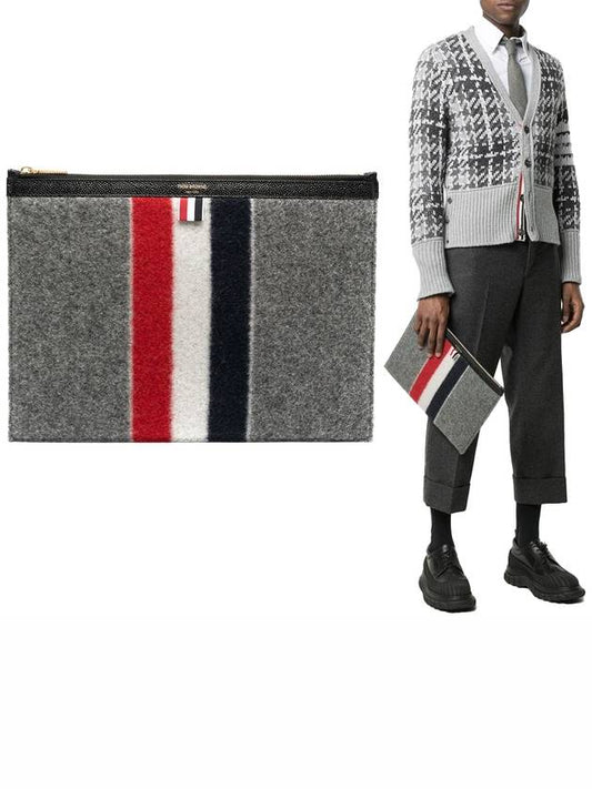 Men's Three Stripes Voile Wool Stripe Zipper Document Holder Clutch Bag Medium Gray - THOM BROWNE - BALAAN.