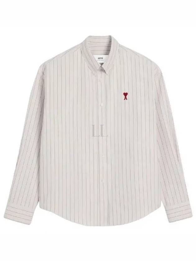 Small Heart Logo Stripe Boxy Fit Long Sleeve Shirt Chalk - AMI - BALAAN 2