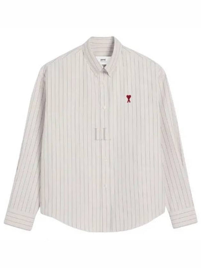 Small Heart Logo Stripe Boxy Fit Long Sleeve Shirt Chalk - AMI - BALAAN 2