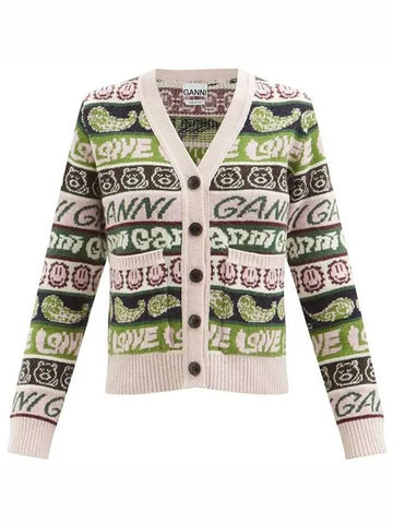 Logo and stripe jacquard wool blend cardigan pink K1670 506 - GANNI - BALAAN 1