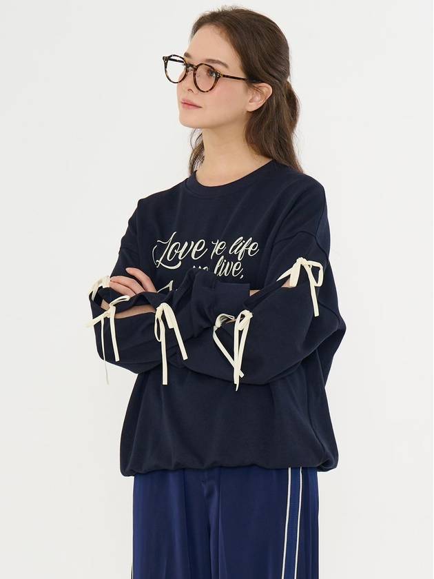 Ribbon Slit Lettering Overfit Sweatshirt Navy - METAPHER - BALAAN 5