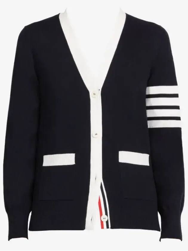 Cotton Hector Pointelle 4 Bar V Neck Cardigan Navy - THOM BROWNE - BALAAN 2