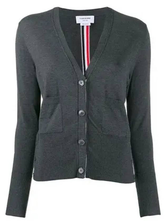 Silk Cotton Blend Relaxed V-Neck Cardigan Dark Grey - THOM BROWNE - BALAAN 2