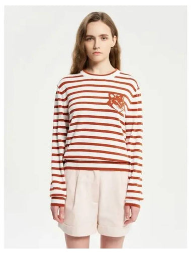 Women s Foxhead Intarsia Crop Stripe Striped Sweatshirt Tobacco Off White Domestic Product GM0024030864676 - MAISON KITSUNE - BALAAN 1