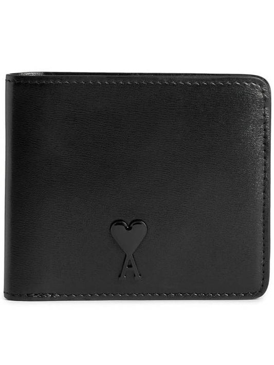 Heart Logo Bi Fold Leather Half Wallet Black - AMI - BALAAN.