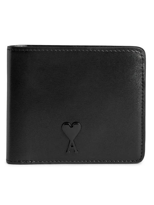 Heart Logo Bi Fold Leather Half Wallet Black - AMI - BALAAN 1